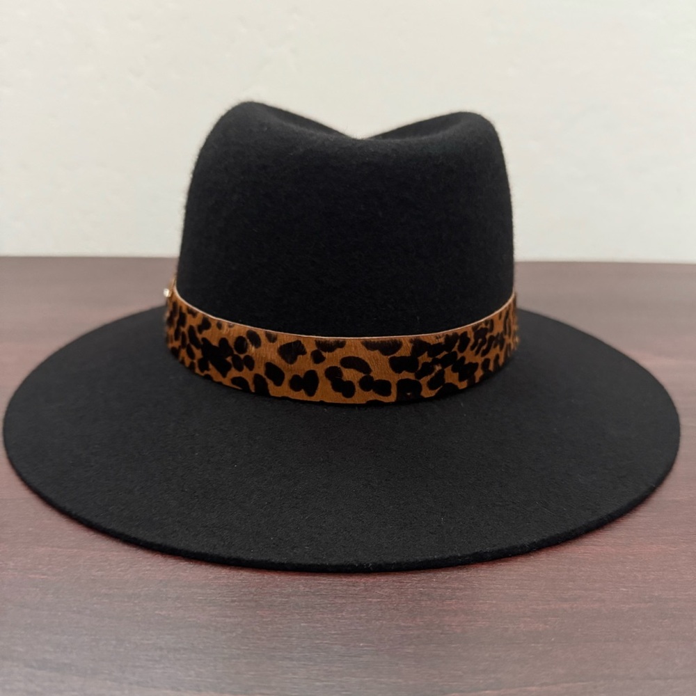 RAG & BONE Floppy Brim Fedora - Black with Leopard Print Band Size: S $230